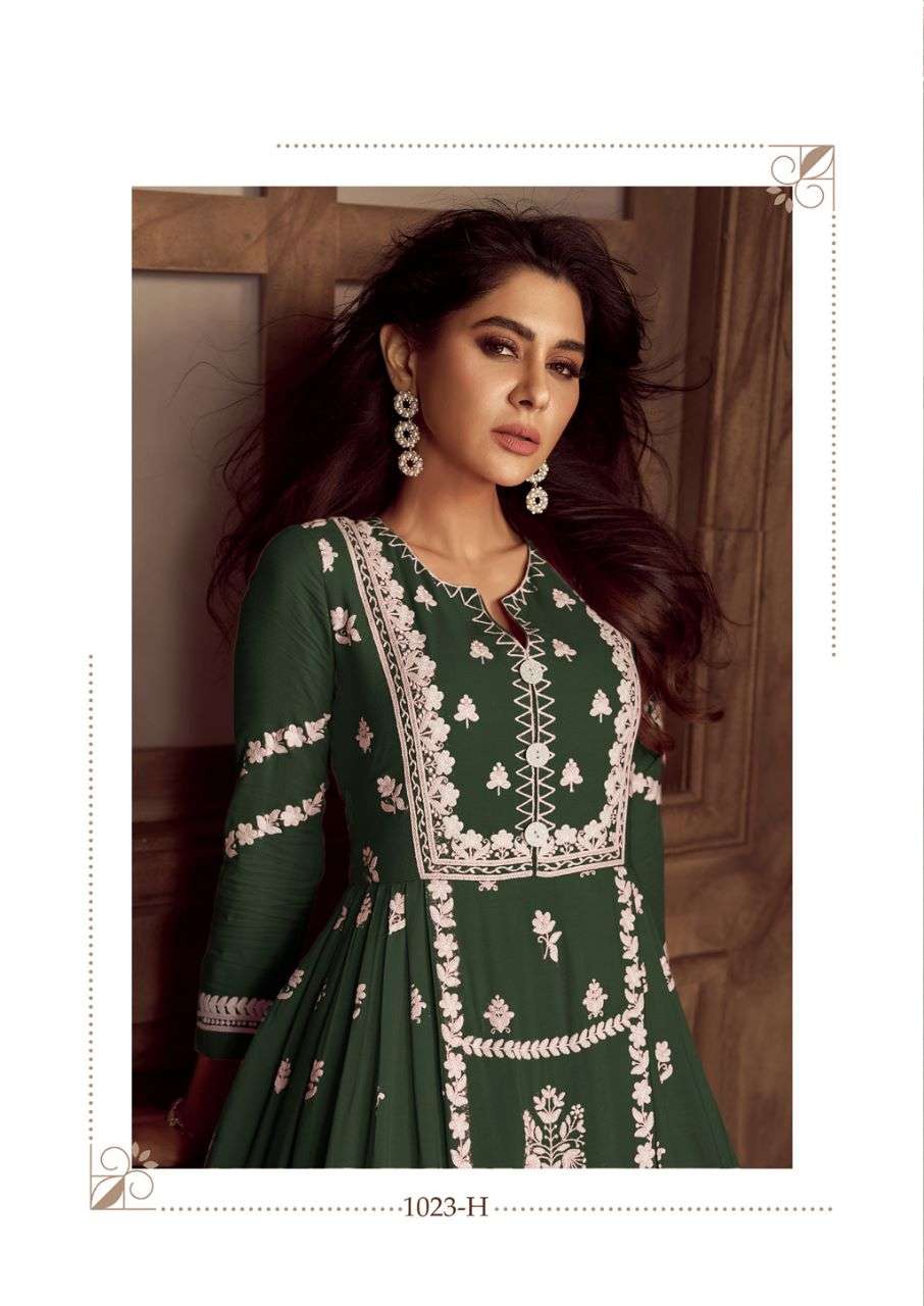 LAKHNAWI VOL 4 DARK COLOR HEAVY REYON WHITE THREAD EMBROIDERY WORK NAYRA CUT KURTI WITH PLAZZO AND NAZMIN DUPATTA BY VAMIKA BRAND 1023 H C